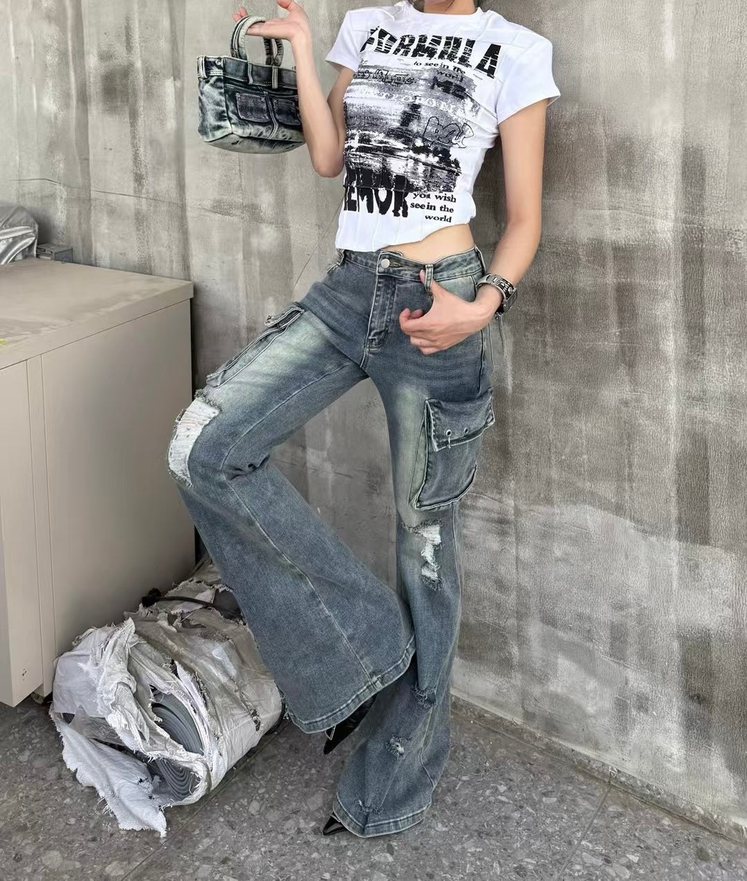 May1105 Slim Cargo Jeans Washed Blue