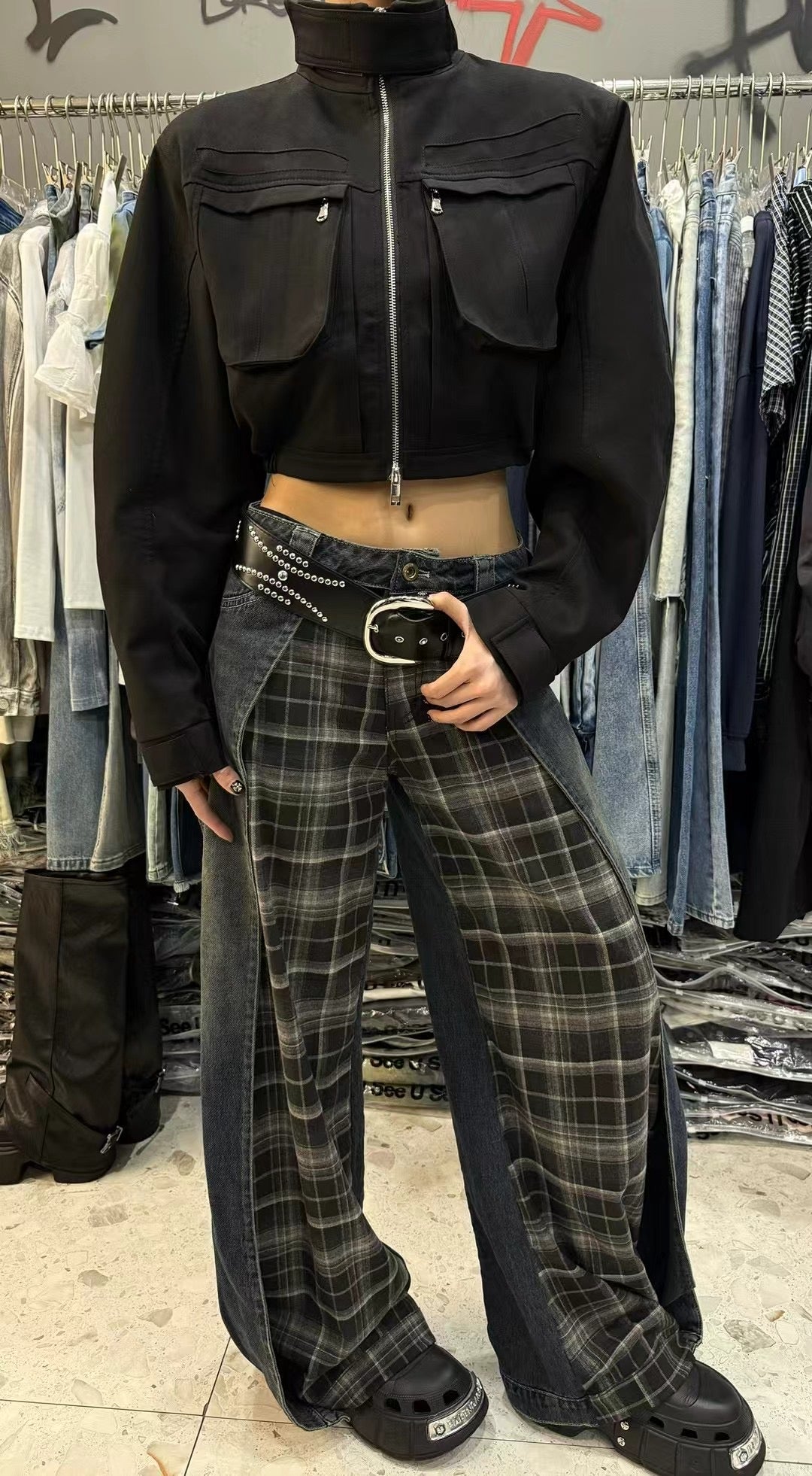 May1103 Plaid Patchwork Jeans