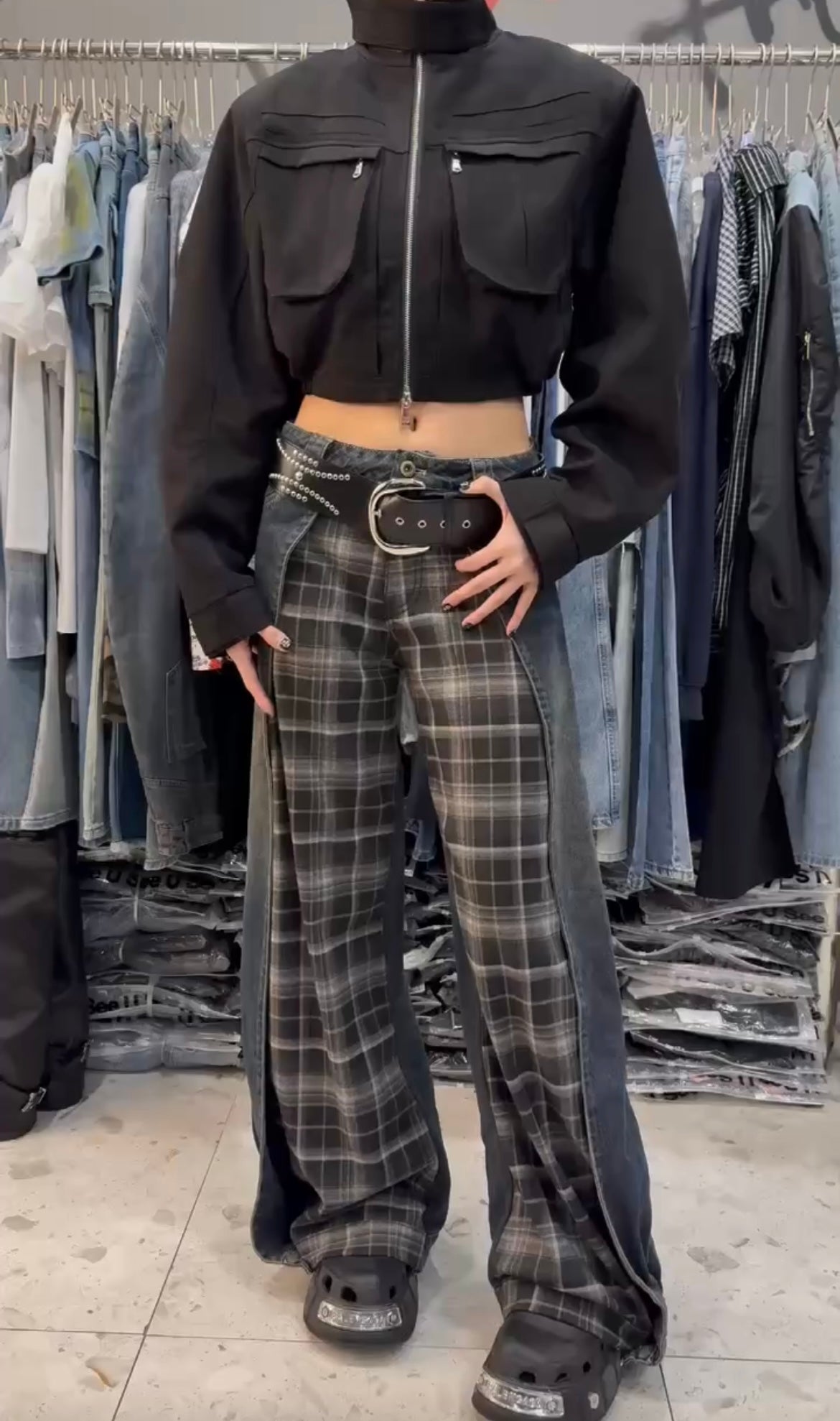 May1103 Plaid Patchwork Jeans